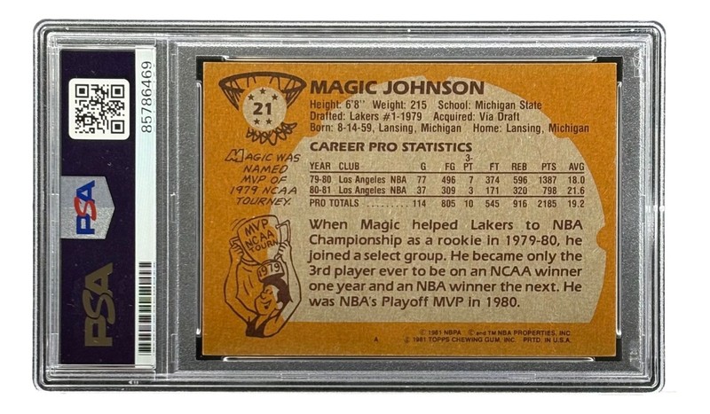 Magic Johnson Signed On Card 1981 Topps #21 Lakers Trading Card PSA Auto 10 view 2