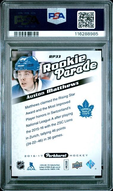 2016 UPPER DECK PARKHURST AUSTON MATTHEWS ROOKIE PARADE #026/999 PSA 10       JC view 2
