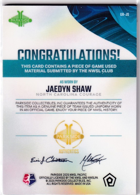 Jaedyn Shaw 2025 Parkside NWSL Pacific GAME USED MATCH WORN Jersey Relic view 2