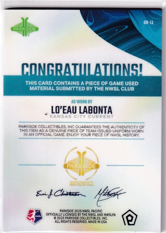 Lo'eau LaBont 2025 Parkside NWSL Pacific GAME USED MATCH WORN Jersey Relic view 2