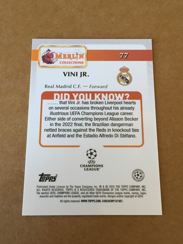 2024-25 Topps Merlin Chrome  Vini Vinicius JR Real Madrid Color Match White 6/30 view 2