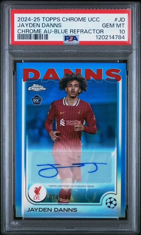 2024-25 Topps Chrome Jayden Danns RC Auto Blue Refractor/ 150 PSA 10 Liverpool