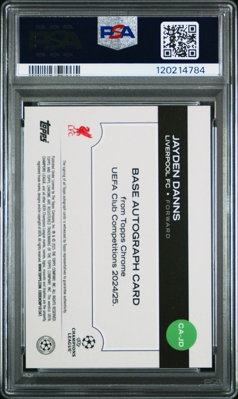 2024-25 Topps Chrome Jayden Danns RC Auto Blue Refractor/ 150 PSA 10 Liverpool view 2