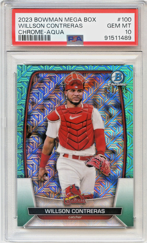 Willson Contreras PSA 10 Bowman Chrome 2023 Mega Box #100 Aqua POP 1 Mojo /225 view 1