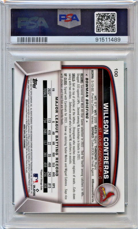 Willson Contreras PSA 10 Bowman Chrome 2023 Mega Box #100 Aqua POP 1 Mojo /225 view 2