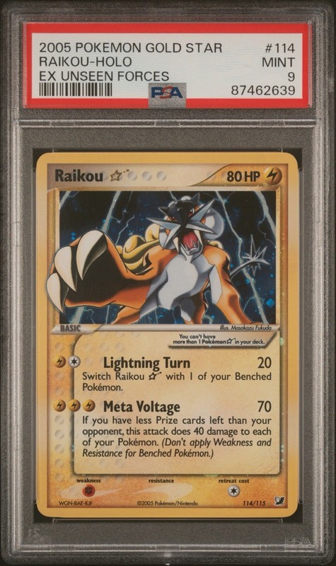 2005 POKEMON EX UNSEEN FORCES GOLD STAR #114 RAIKOU-HOLO PSA 9