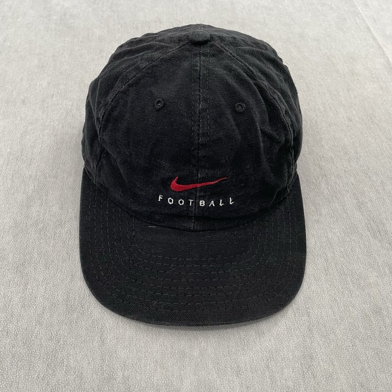VINTAGE Nike Hat Cap Adult Black Faded Strapback Swoosh Football Logo Mens 90s