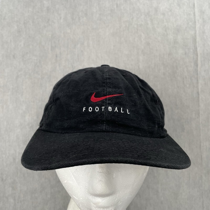 VINTAGE Nike Hat Cap Adult Black Faded Strapback Swoosh Football Logo Mens 90s view 2