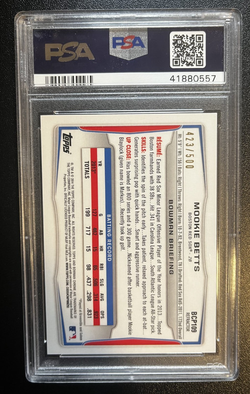 2014 Bowman Chrome Mookie Betts 1st Refractor /500 PSA 10 BCP109 Red Sox Rookie view 2