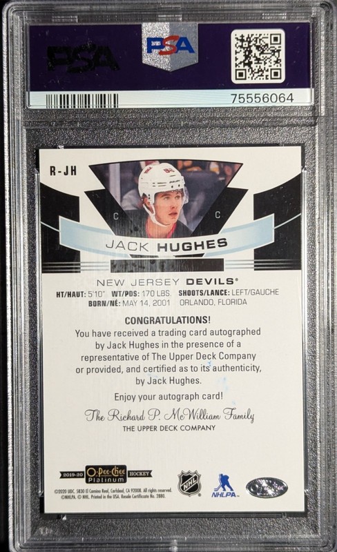 2019-20 Upper Deck O-PEE-CHEE OPC PLATINUM JACK HUGHES ROOKIE AUTO PSA 7 view 2