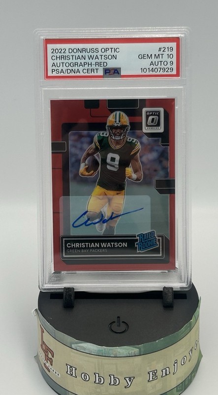 2022 PANINI DONRUSS OPTIC RED CHRISTIAN WATSON RC /75 - PSA 10 AUTO 9 ROOKIE