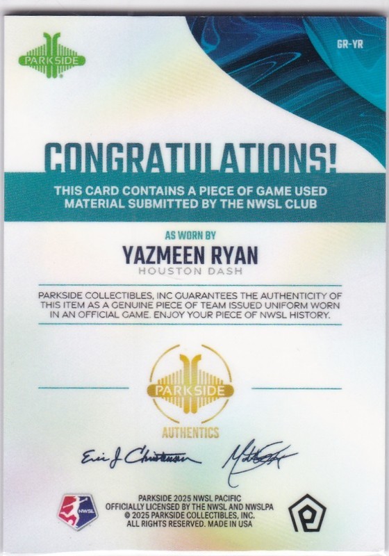 YAZMEEN RYAN 2025 Parkside NWSL Pacific GAME USED MATCH WORN Jersey Relic view 2