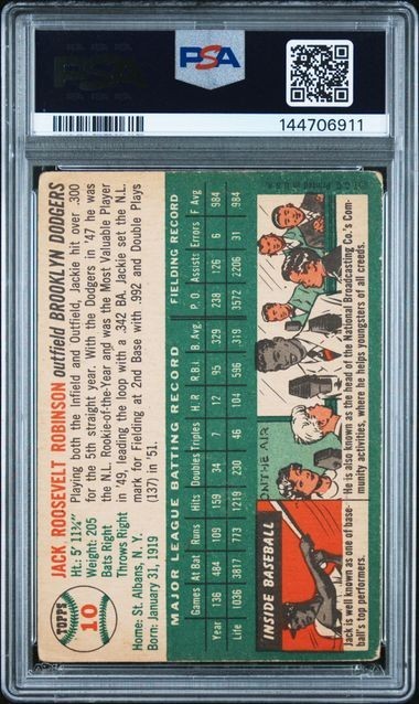 1954 Topps Jackie Robinson PSA 2 #10 -- Nice Color & Centering!! view 2