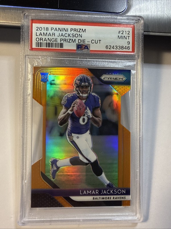 2018 Panini Prizm Lamar Jackson #/249 Orange Die-Cut #212 Ravens RC PSA 9 Mint