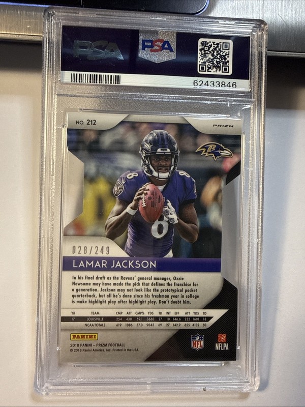 2018 Panini Prizm Lamar Jackson #/249 Orange Die-Cut #212 Ravens RC PSA 9 Mint view 2