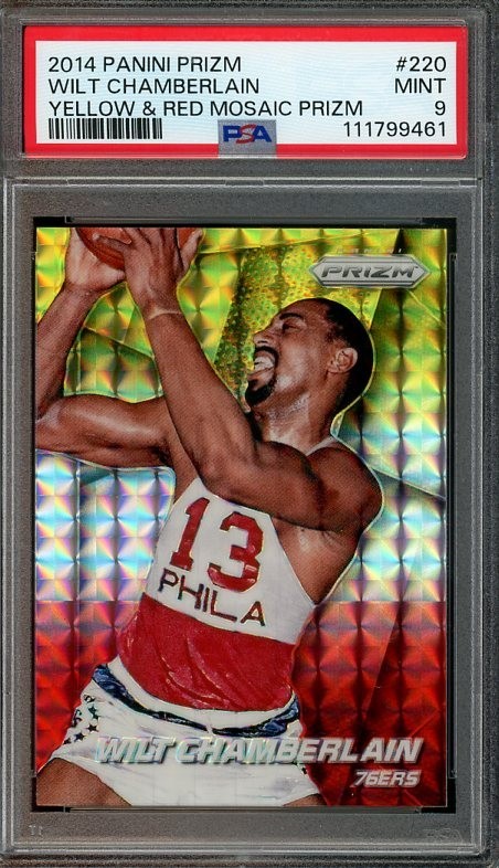 2014 Panini Prizm #220 Wilt Chamberlain Yellow & Red Mosaic Prizm PSA 9 9461