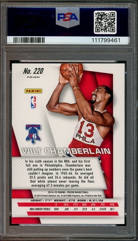2014 Panini Prizm #220 Wilt Chamberlain Yellow & Red Mosaic Prizm PSA 9 9461 view 2