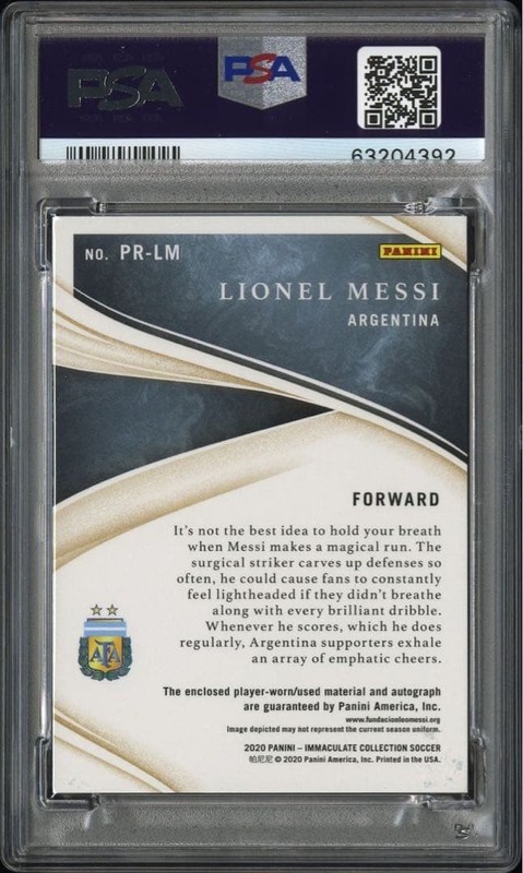 2020 Panini Immaculate Lionel Messi Premium Swatch Auto Material /25 PSA 9 view 2