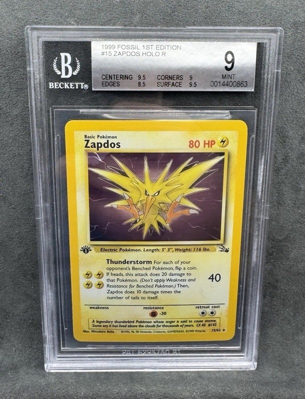 1999 POKEMON FOSSIL 1ST ED #15 ZAPDOS HOLO GRADED BGS 9