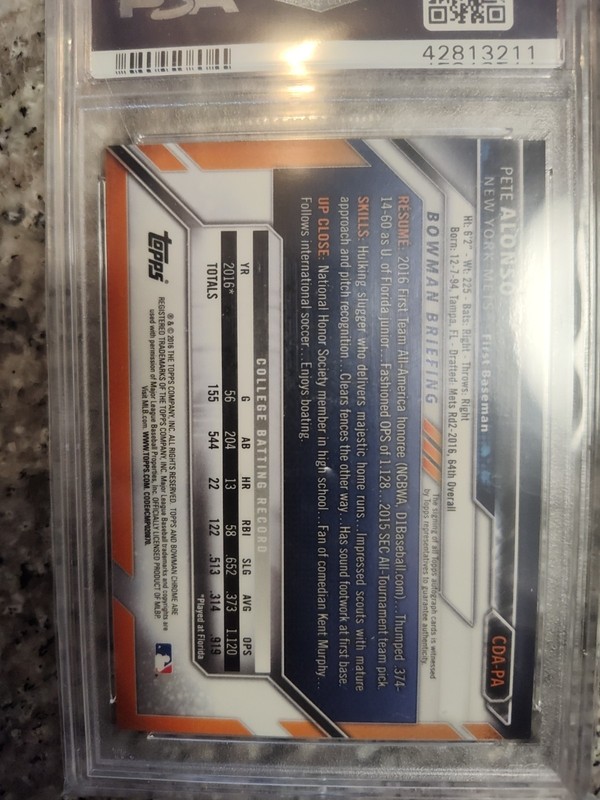 2016 Bowman Draft Pete Alonso Chrome Draft Picks Auto PSA 10 view 2