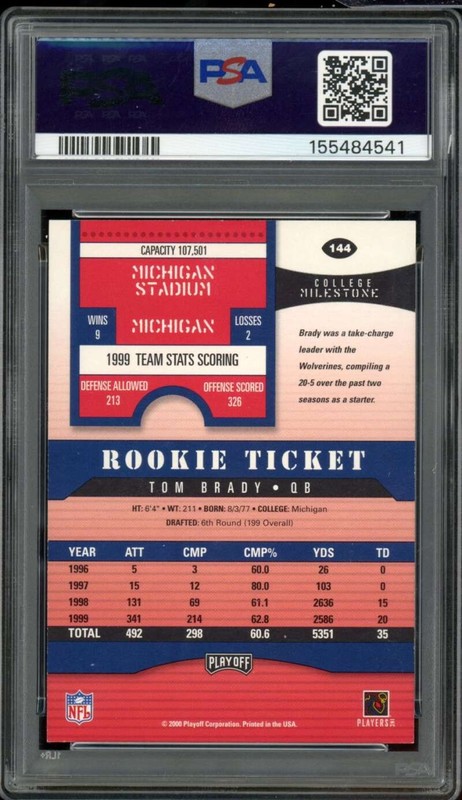 Tom Brady Rookie Card 2000 Playoff Contenders Autographed #144 PSA 7 Auto 10 view 2