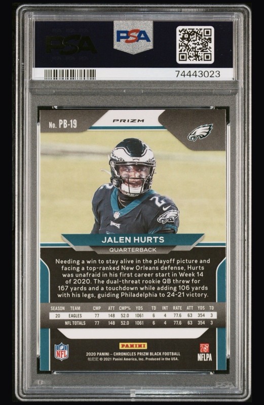 2020 Panini Chronicles Prizm Black Jalen Hurts #PB-19 Silver (RC) PSA 10 Gem MT view 2