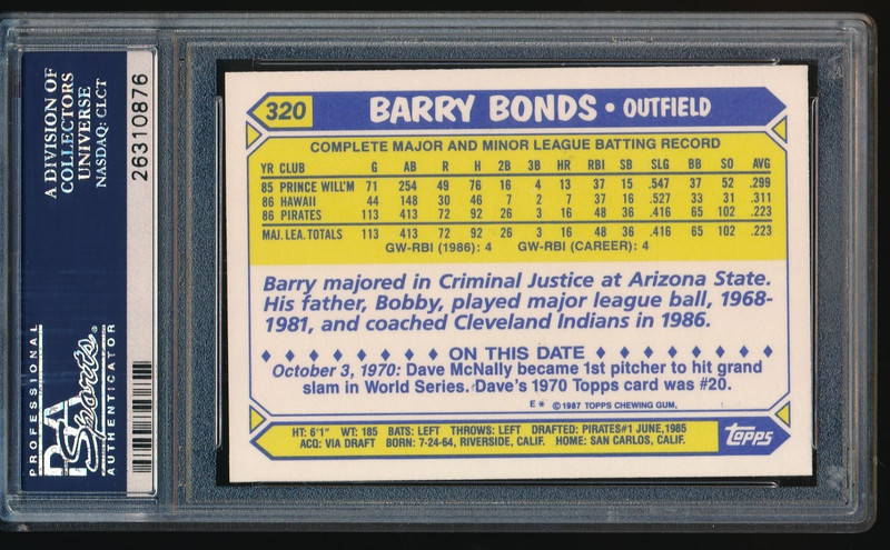 1987 Topps Tiffany #320 Barry Bonds Pittsburgh Pirates PSA 9 MINT view 2