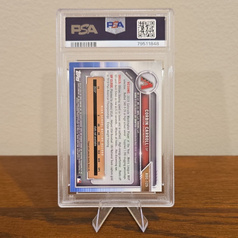 Bowman 2019 Draft Chrome 1st Bowman Corbin Carroll #BDC-125 PSA 10 Dbacks view 2