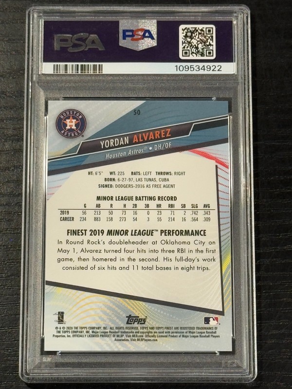 2020 Finest Green Refractor Yordan Alvarez RC /99 PSA GEM MINT 10 (pop: 20) view 2