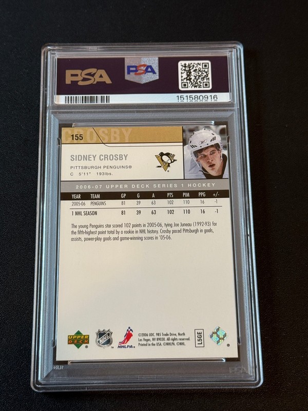 2006 Upper Deck #155 Sidney Crosby PSA 10 Gem MINT. Rookie view 2