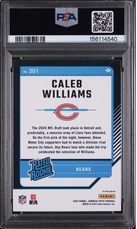 2024 Panini Donruss Optic -Caleb Williams #201 Purple Shock Prizm (RC) PSA 10 view 2