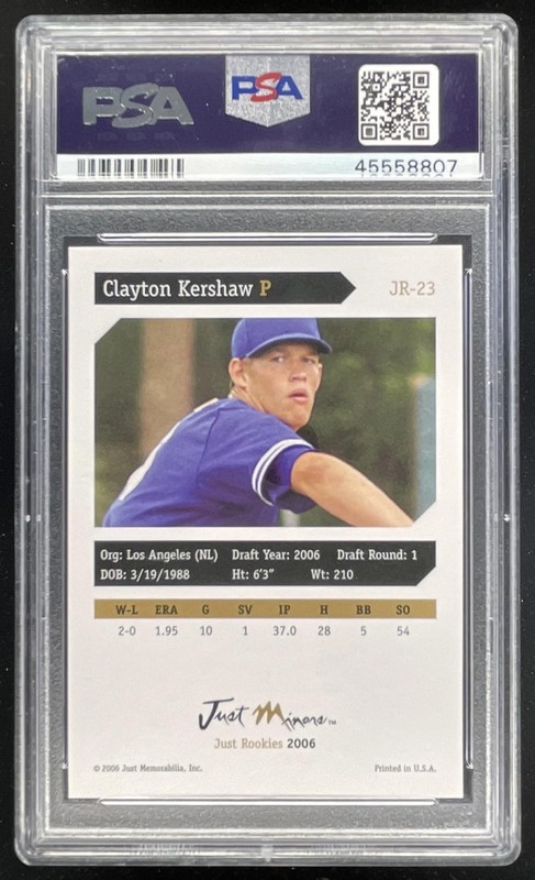 2006 Just Rookies #JR-23 Clayton Kershaw PSA 10 view 2