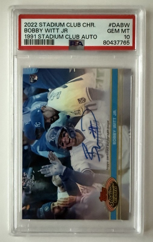 Bobby Witt Jr 2022 Stadium Club Chrome 1991 Stadium Club Auto 14/25 PSA 10