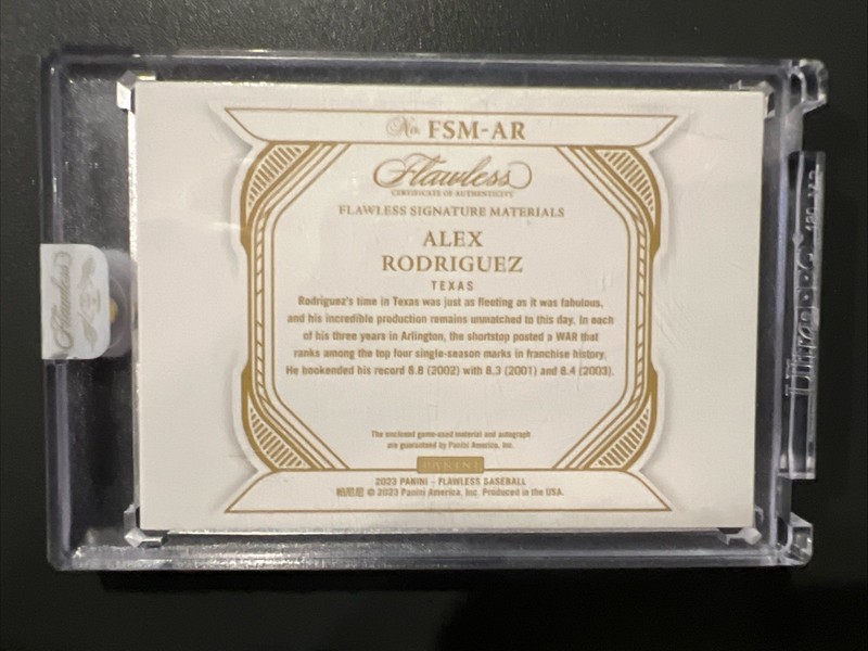 2023 Panini Flawless Alex Rodriguez Autograph Gold 3Color Patch Auto /10 Encased view 2