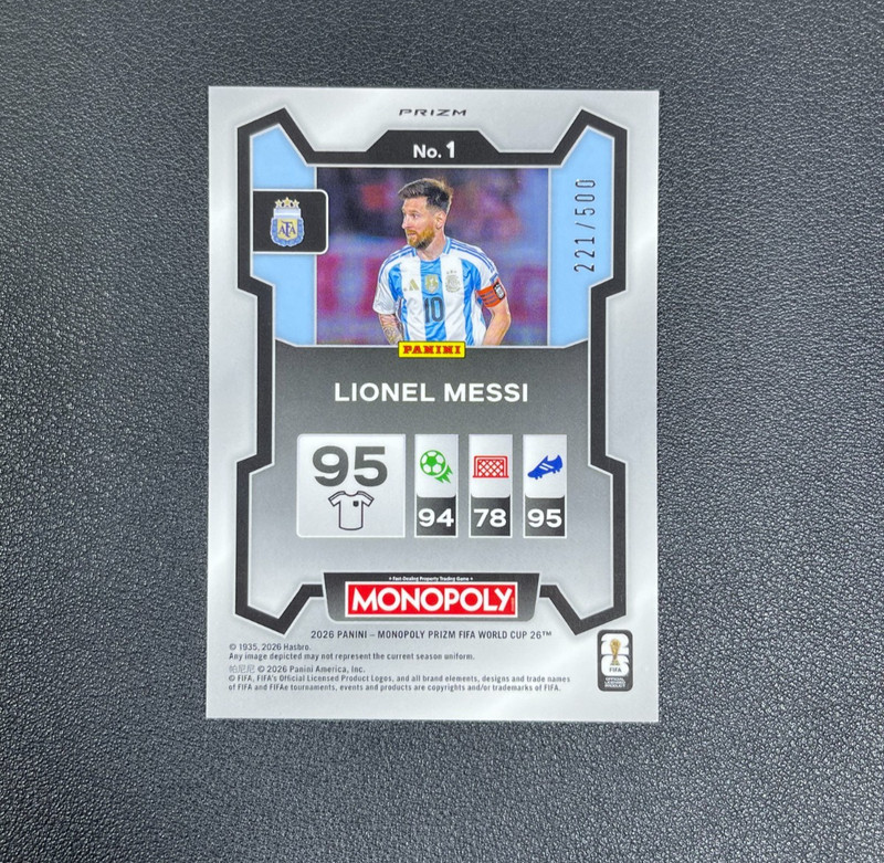 Lionel Messi 2026 Panini Prizm Monopoly Gold Money Shimmer Argentina /500 #1 view 2