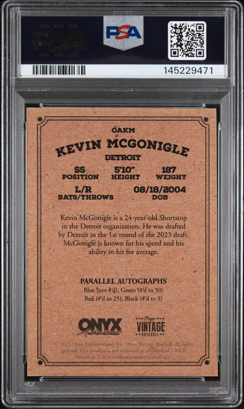 2023 Onyx Vintage Extended Kevin McGonigle /25 Red Auto PSA 9 Detroit Tigers view 2