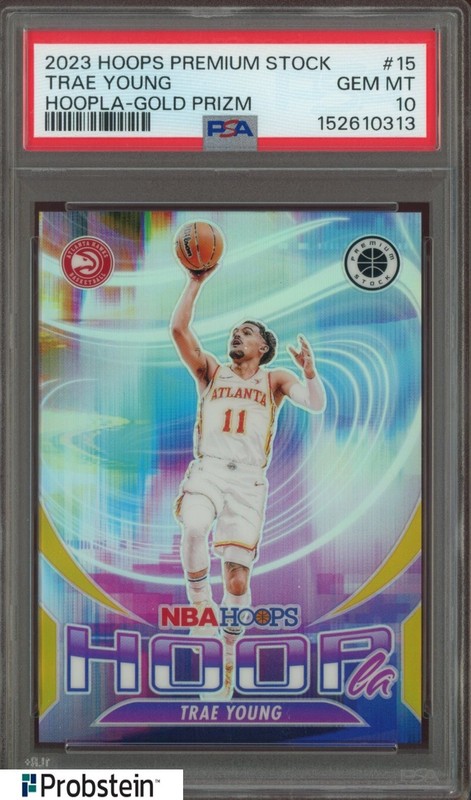 2023 Hoops Premium Stock Hoopla Gold Prizm #15 Trae Young Hawks 6/10 PSA 10