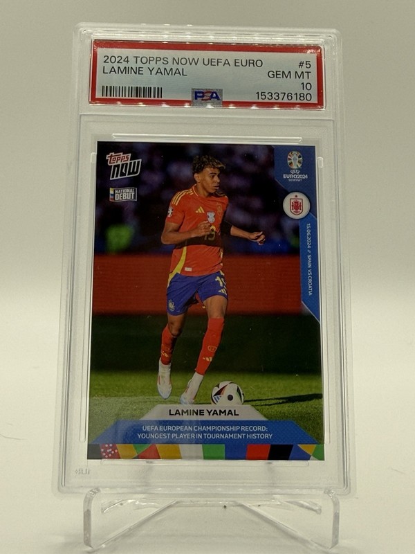 2023-24 TOPPS NOW UEFA #5 LAMINE YAMAL RC NATIONAL DEBUT BARCELONA ROOKIE PSA 10