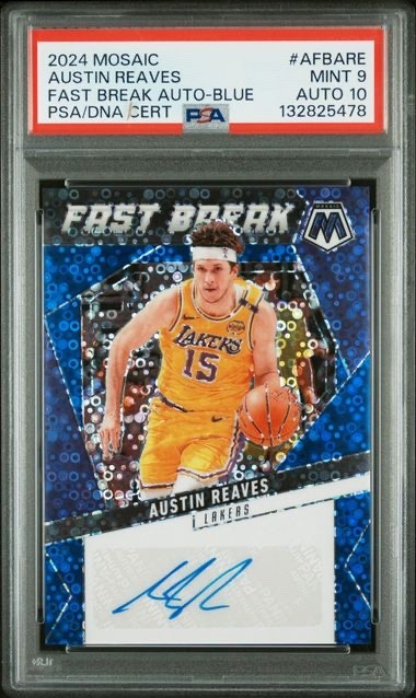 AUSTIN REAVES MOSAIC FAST BREAK AUTO #/25. AUTO 10, PSA 9. POP 1, NONE Higher