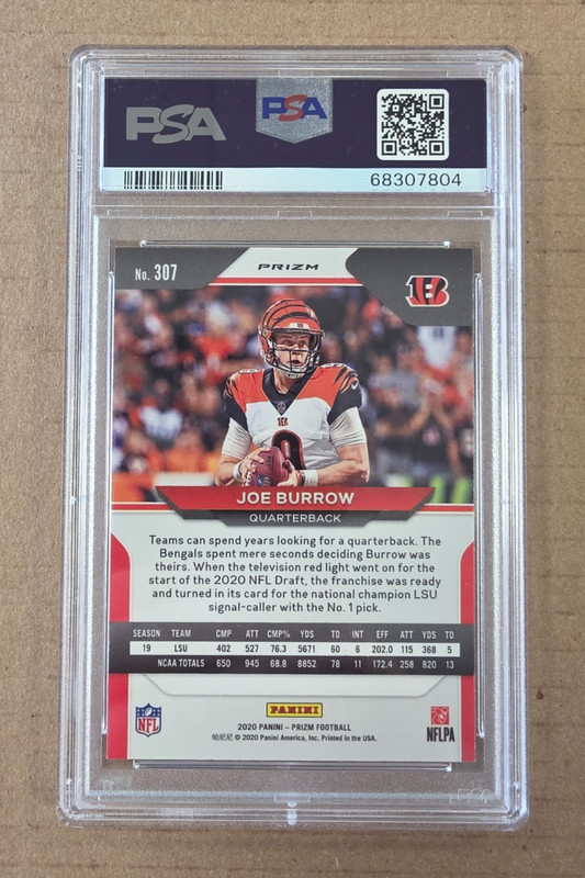 2020 Panini Prizm Football Joe Burrow Silver Prizm Rookie Card #307 PSA 9 view 2