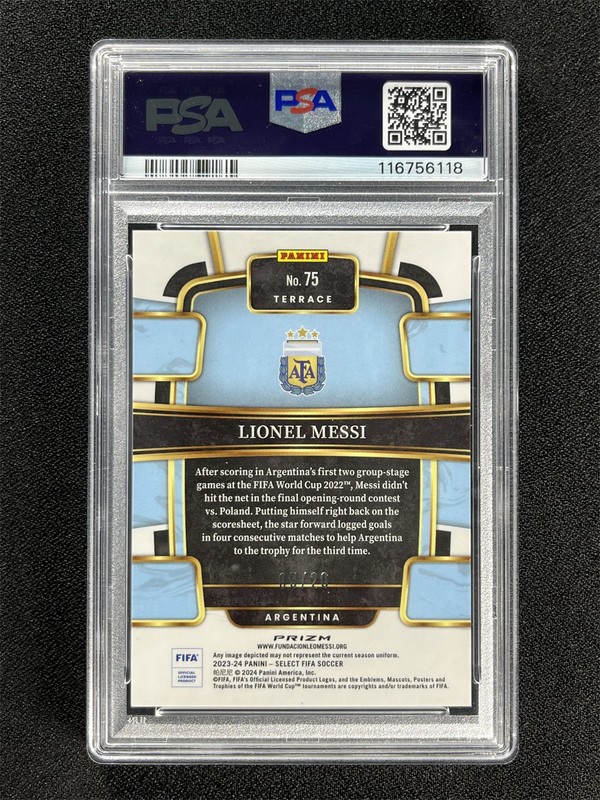 2023-24 Panini Select FIFA Lionel Messi #75 Terrace White Prizm /20 PSA 10 MT view 2