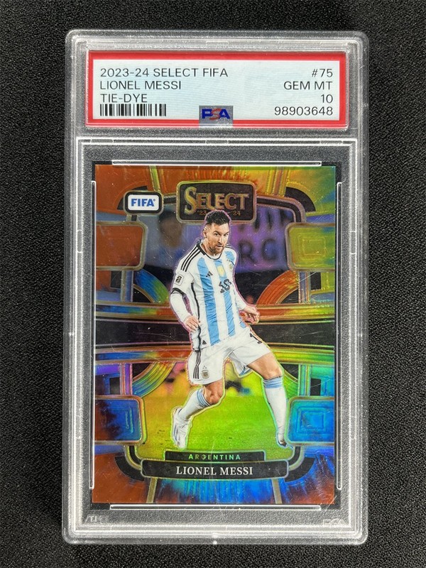 2023-24 Panini Select FIFA Lionel Messi #75 Terrace Tie Dye Prizm /30 PSA 10 MT