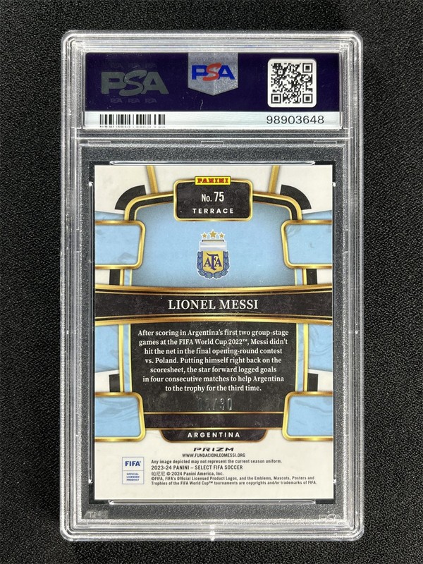 2023-24 Panini Select FIFA Lionel Messi #75 Terrace Tie Dye Prizm /30 PSA 10 MT view 2