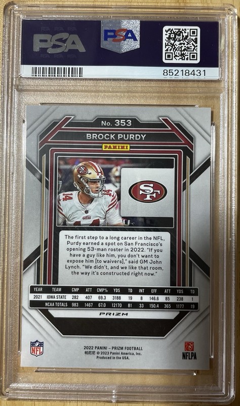 2022 Panini Prizm Brock Purdy Red Sparkle RC #353 PSA 9 MINT 49ers Rookie view 2