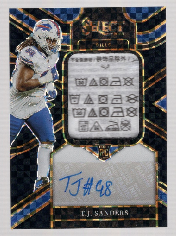 T.J. SANDERS 2025 PANINI SELECT BLACK PRIZM RPA TAG PATCH AUTO RC 1/1 **BILLS**