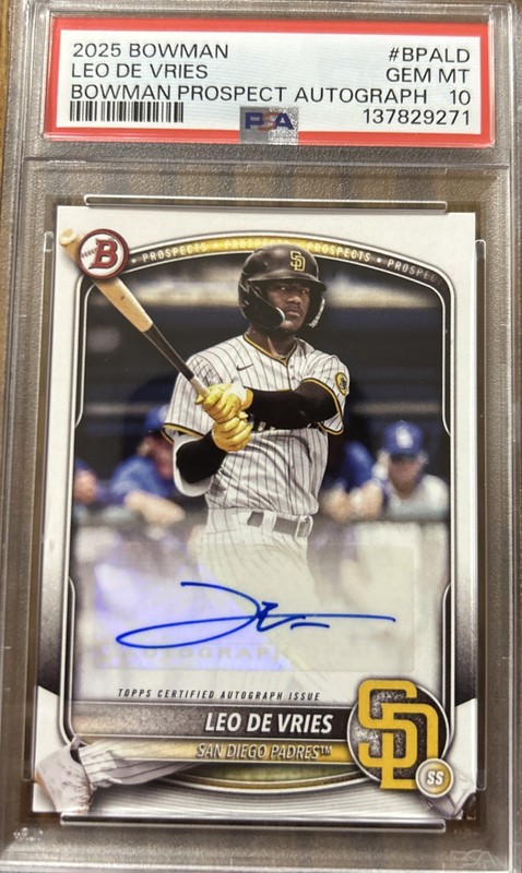 2025 BOWMAN PROSPECT AUTOGRAPHS LEO DE VRIES #BPALD PADRES PSA 10 GEM MT
