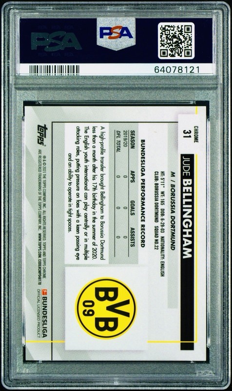 JUDE BELLINGHAM Rookie 2020-21 Topps Chrome Sapphire Bundesliga RC #31 PSA 10 view 2
