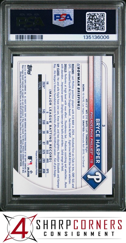 2025 BOWMAN #3 BRYCE HARPER PHILLIES PSA 10 view 2
