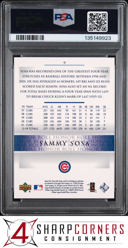2002 UPPER DECK HONOR ROLL #9 SAMMY SOSA CUBS POP 3 PSA 10 view 2