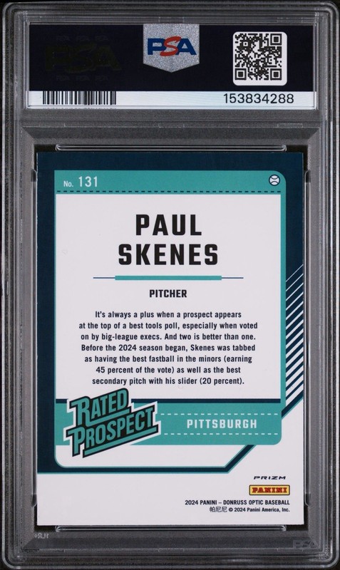 PAUL SKENES - 2024 DONRUSS - #131 - OPTIC RATED PROSPECT ORANGE VELOCITY PSA 10 view 2